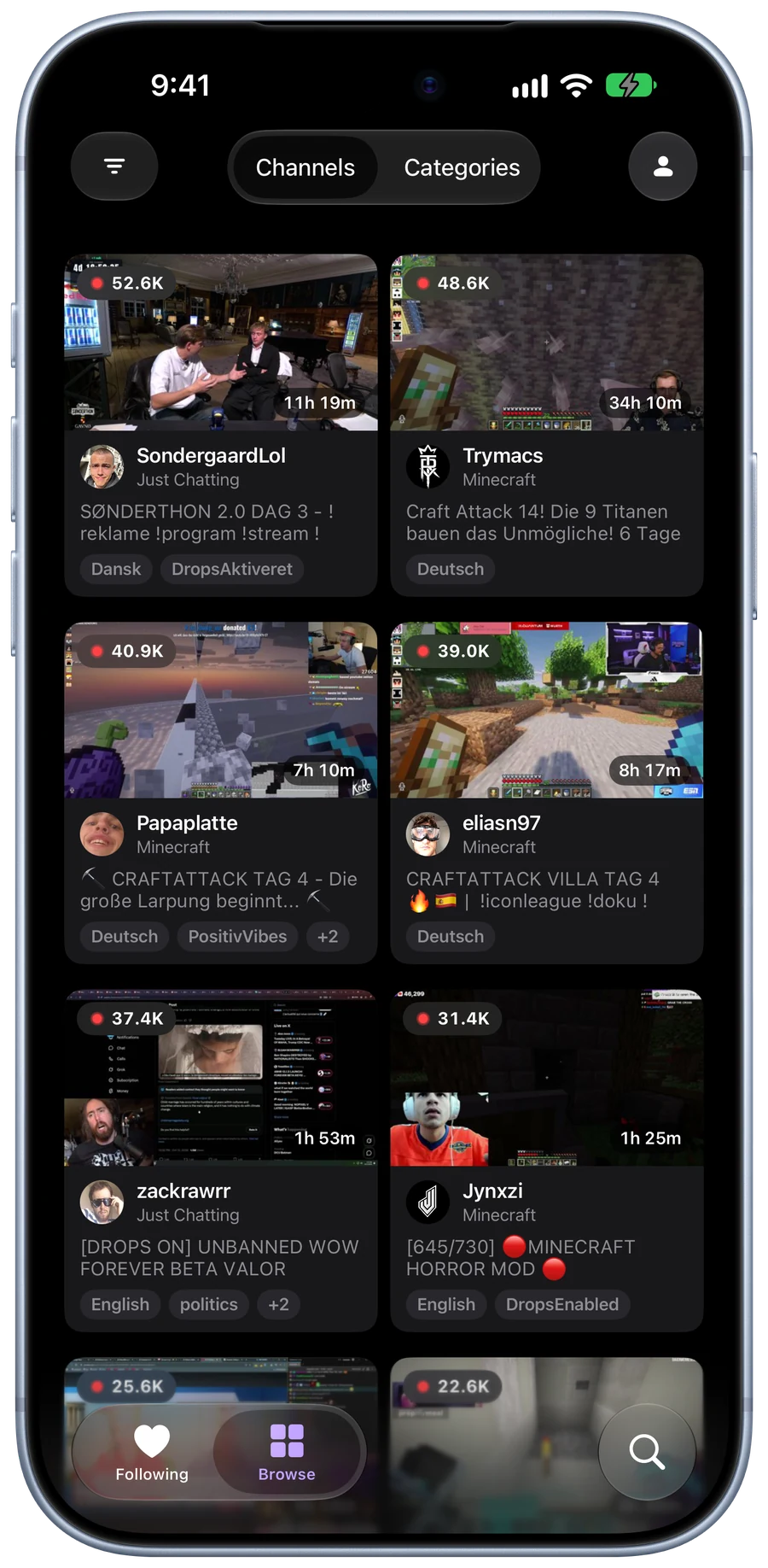 Browse live streams